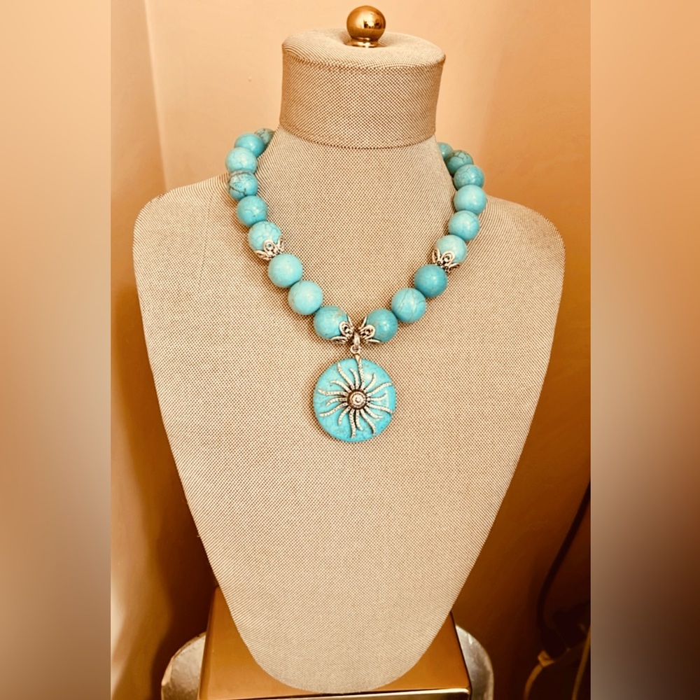 Statement Turquoise Round Beaded Necklace With Tu… - image 1